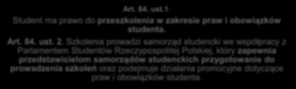 odpowiednio z samorządem studenckim lub samorządem doktorantów Art. 84. ust.1. Student ma prawo do przeszkolenia w zakresie praw i obowiązków studenta. Art. 84. ust. 2.