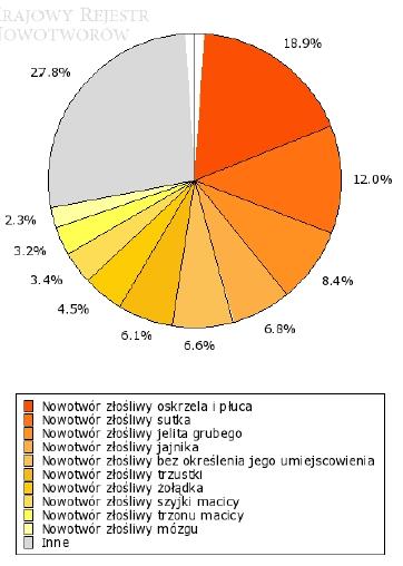 ryc. 1 Odsetek zachorowań z powodu poszczególnych nowotworów w województwie pomorskim w 2015 r. (dane KRN) ryc. 2 Odsetek zgonów z powodu poszczególnych nowotworów w województwie pomorskim w 2015 r.