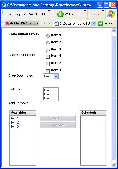 2.2) Komponenty wejściowe wielu wyborów Configure Default Options 1)Łączenie pola item z danymi: a) wywołanie edytora Configure Default Options (po kliknięciu prawym klawiszem myszy na komponencie)