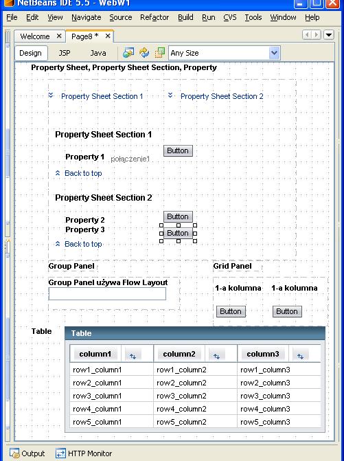 4.2) Komponenty typu Layout Property Sheet, Property Sheet Section, Property: komponenty pozwalają na szybkie rozmieszczenie zbiorów komponentów strony nadając im etykiety tutaj jako Property