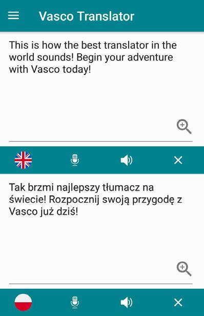 Tekst zostanie przetłumaczony na wybrany język przez aplikację Vasco Translator.