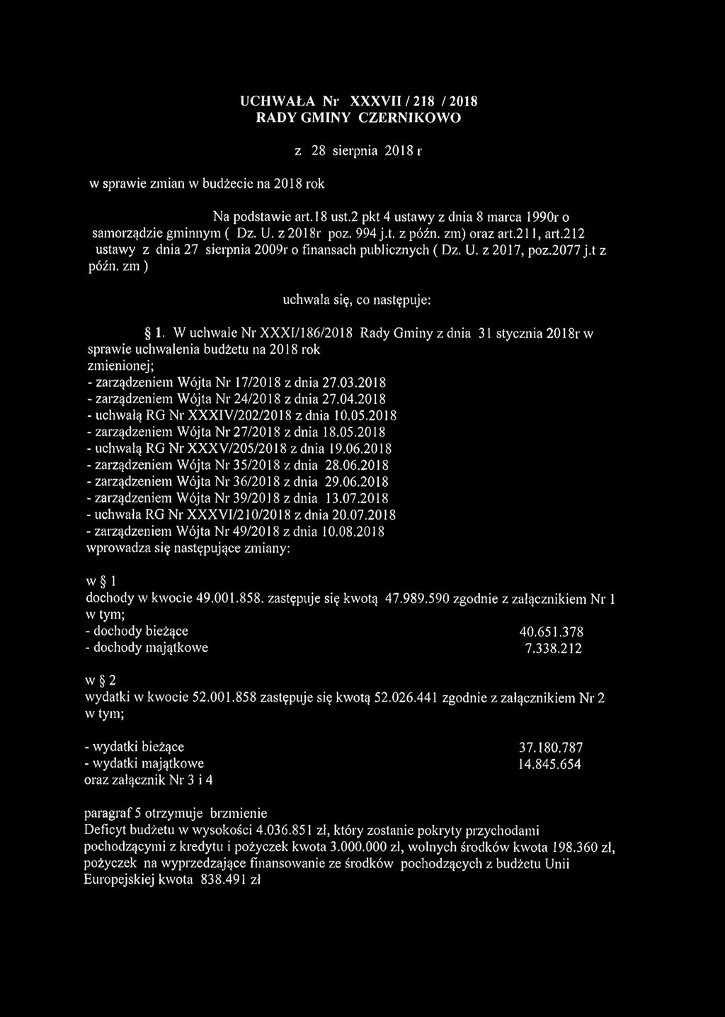 W uchwale Nr XXXI/186/2018 Rady Gminy z dnia 31 stycznia 2018r w sprawie uchwalenia budżetu na 2018 rok zmienionej; - zarządzeniem Wójta Nr 17/2018 z dnia 27.03.