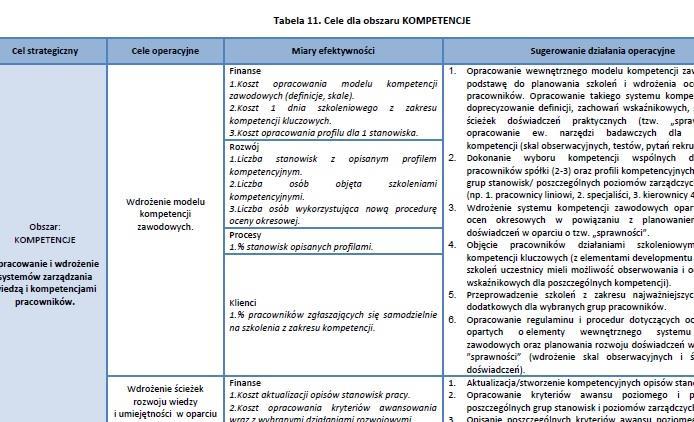 celów rozwojowych, ale też ich pomiar z perspektywy: finanse, rozwój, procesy i klienci. Do każdego celu Zamawiający otrzymuje opis sugerowanych działań operacyjnych. Rysunek 4.