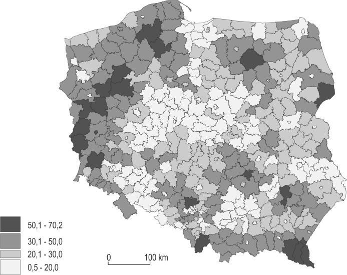 urodzenia żywe na 1000 mieszkańców e użytki rolne w % powierzchni gospodarstw rolnych d c a b B.