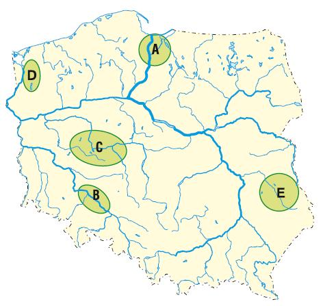 Zadanie 24. (0-1p.) Ma mapie literami od A do E oznaczono obszary o korzystnych warunkach dla rozwoju rolnictwa.