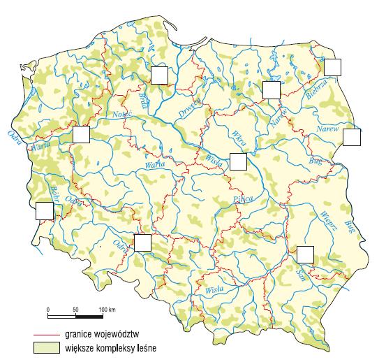 Zadanie 18. (0-1p.) Zaznacz poprawną odpowiedź charakteryzującą obecną wielkość wskaźnika urbanizacji w Polsce. A. 52 % B. 61 % C. 79 % D. 81 % Zadanie 19. (0-1p.) Na mapie literami od A do I oznaczono obszary leśne.