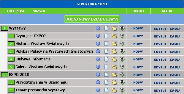 Dodawanie nowego działu głównego Aby utworzyć nowy dział główny klikamy polecenie DODAJ NOWY DZIAŁ GŁÓWNY. Z rozwijanej listy wybieramy: Zwykły dział.