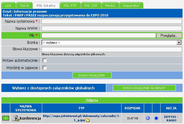 4. ZAŁĄCZNIKI Do każdego tekstu możemy dodać załączniki w postaci: linków do innych stron (http://www.mswia.gov.pl) dowolnych plików (.pdf,.doc.xls itp.