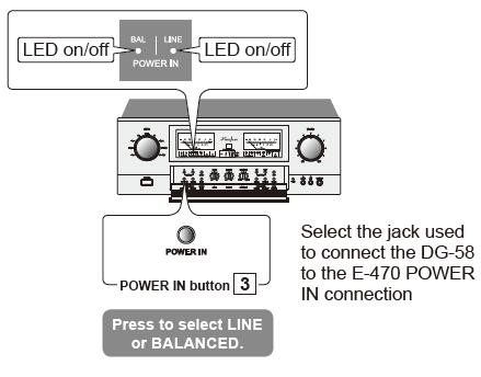 Podczas odtwarzania nie można wyłączać przycisku POWER IN; jeśli przycisk zostanie wyłączony, połączenie z DG-58 zostanie zerwane i może być to skutkiem nagłego wzrostu głośności.