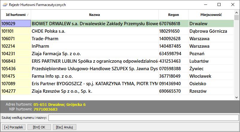 Rys. 29 Rejestr Hurtowni Farmaceutycznych Numer ID podmiotu, z którym zawierana jest transakcja, można również wprowadzić na karcie zakupu (jeżeli hurtownia