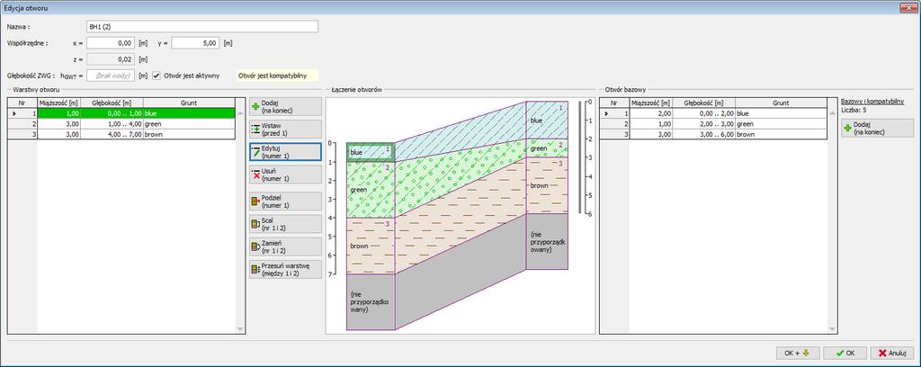 Wprowadzimy takie same zmiany dla nowych otworów BH1 (2) oraz BH1 (3) zwiększymy miąższość warstwy oznaczonej na zielono z 1m do 3m i