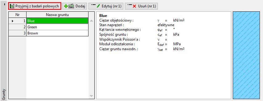 Wprowadzanie otworu W następnej ramce wprowadzimy grunty. Najłatwiej jest przejąć wszystkie grunty z wprowadzonego wcześniej otworu korzystając z opcji Przyjmij z badań polowych.