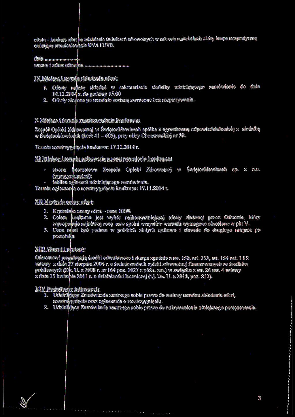 oferta - konkurs ofert na udzielanie świadczeń zdrowotnych w zakresie naświetlania skóry lampą terapeutyczną emitującą promieniowanie UVA i UVB.