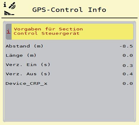 Obsługa AXIS EMC ISOBUS 4 4.4.11 GPS-Control Info Menu GPS-Control Info informuje o wartościach ustawień obliczanych w menu Obliczanie OptiPoint.