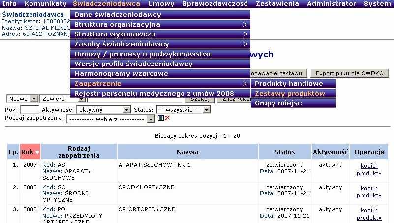 UŜytkownik samodzielnie definiuje zestawy produktów w Portalu SZOI. Pogrupowanie produktów w zestawy znacząco ułatwia i przyspiesza m.in. tworzenie wniosku na zaopatrzenie w aplikacji konkursowej.