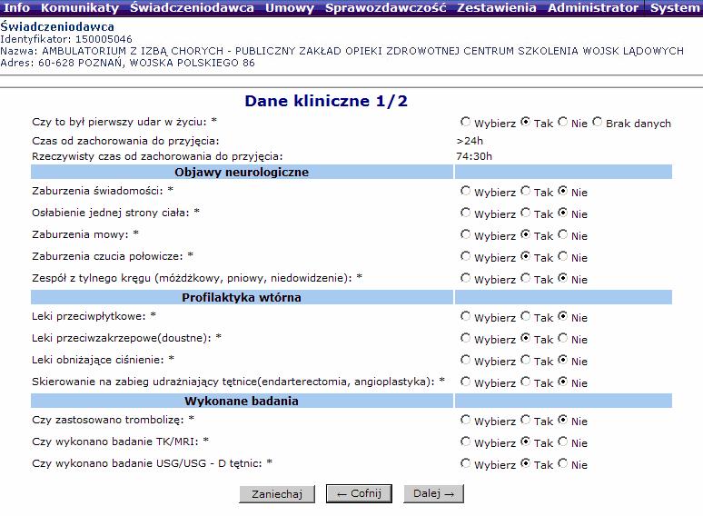 Rys. 10.4 Rozpoznanie wg ICD-10 krok 2 W miejscu tym naleŝy wybrać rozpoznanie udaru według kodu ICD-10 z dostępnej listy. MoŜna wybrać tylko jedna opcję.