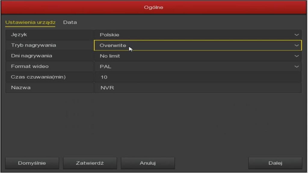 Ustawienia Ogólne (General) Ustawienia urządzenia (Device Setting) Język do wyboru język menu Tryb nagrywania Overwrite (nadpisywanie dysku- automatyczne zastępowanie