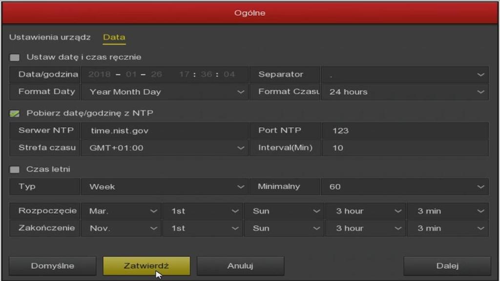 standard wideo) Standby time (min) 0 czas w trybie czuwania Nazwa urządzenia dowolna nazwa urządzenia Ustawienia czasu (Data) Ustawienie czasu ręcznie (SET date/time