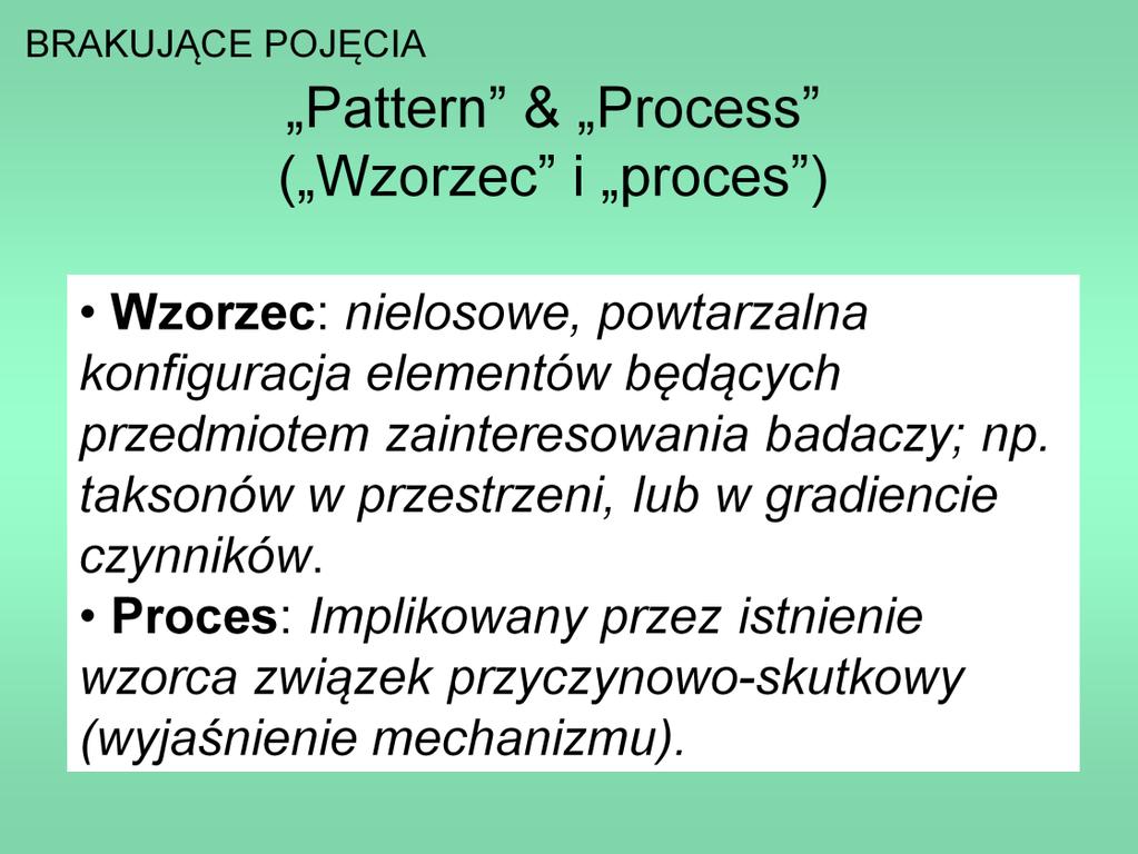 Przy omawianiu wielkoskalowych zjawisk w biosferze (i nie tylko) wygodne jest stosowanie pojęć wzorzec i proces, które odnoszą się do identyfikacji badanego problemu i wyjaśniania jego mechanizmów.