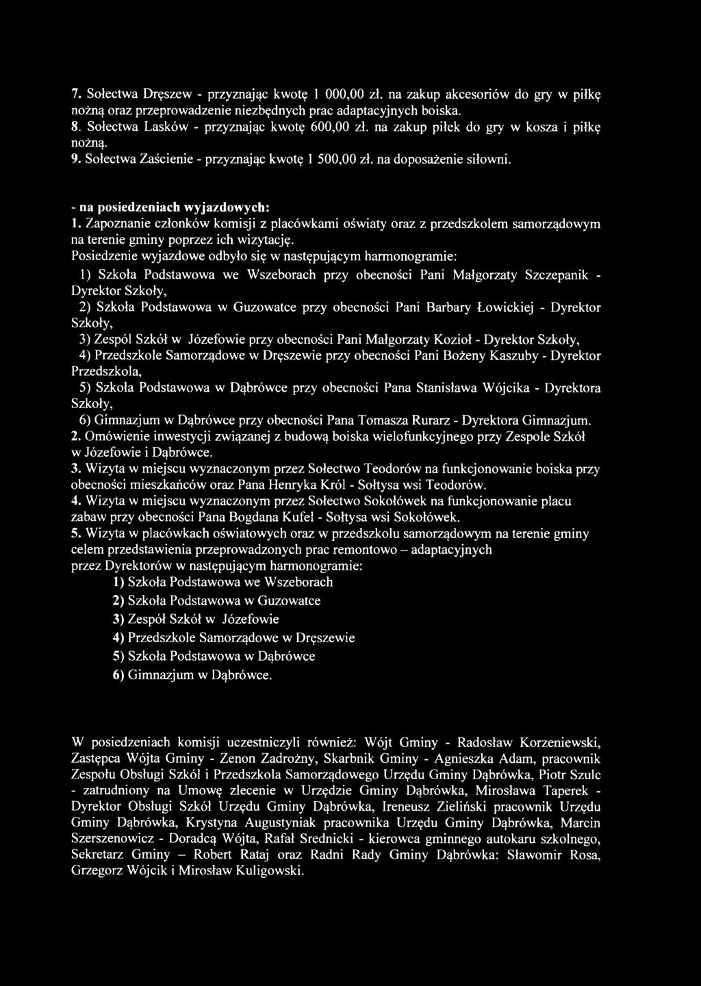 - na posiedzeniach wyjazdowych: 1. Zapoznanie członków komisji z placówkami oświaty oraz z przedszkolem samorządowym na terenie gminy poprzez ich wizytację.