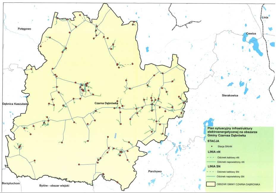 zawartych w Planie Gospodarki Niskoemisyjnej dla Gminy Czarna Dąbrówka na terenie gminy występują linie elektroenergetyczne o napięciu 15 kv i 0,4 kv oraz stacje transformatorowe 15/04 kv, które
