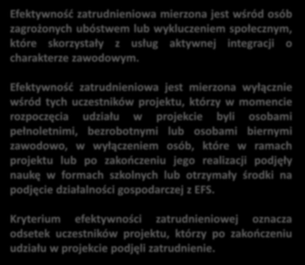 Efektywność zatrudnieniowa mierzona jest wśród osób zagrożonych ubóstwem lub wykluczeniem społecznym, które skorzystały z usług aktywnej integracji o charakterze zawodowym.