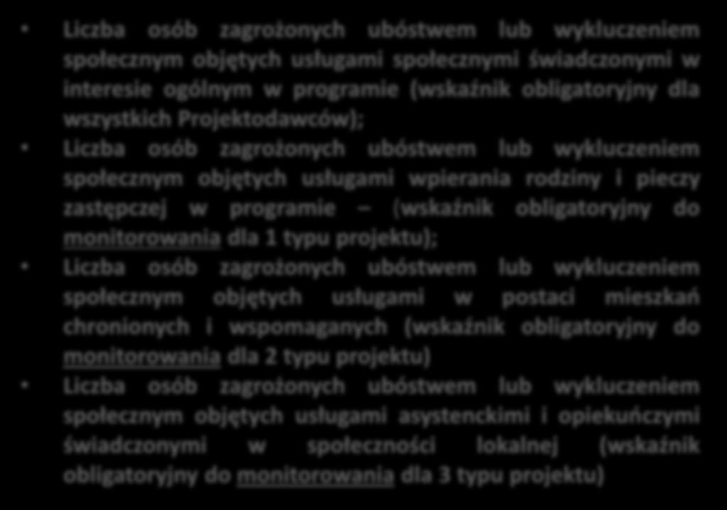 Wskaźniki pomiaru stopnia osiągnięcia założeń konkursu Wskaźniki Horyzontalne Produktu Rezultatu Liczba osób zagrożonych ubóstwem lub wykluczeniem społecznym objętych usługami społecznymi