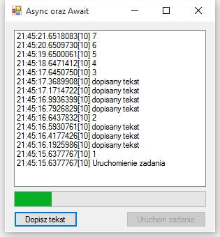 Programowanie asynchroniczne Przykłady AS w praktyce Podstawowy przykład II Prosty przykład pracy asynchronicznej z odczytem danych z podanego adresu WWW: async Task<int> AccessTheWebAsync() {