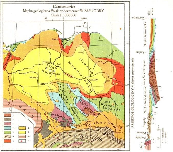 1 kambr, sylur i dewon, 2 karbon i perm, 3 trias, 4 jura, 5 kreda, 6 flisz Karpat (linie grube kierunki fałdowań), 7 oligocen, 8 miocen, 9 pliocen, 10 łupki krystaliczne i granity, 11 skały wylewne