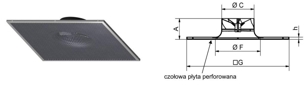 Komponenty dodatkowe Kwadratowa perforowana płyta czołowa nawiewnika (typ LA/Q) standardowy nawiewnik wirowy jest przykryty czołową płytą perforowaną do sufitów podwieszanych Czołowa płyta