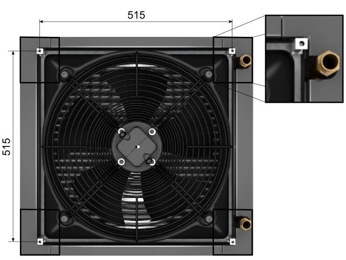 W przypadku takiego montażu zasilanie czynnika doprowadzić do górnego króćca. 2. Kierownice powietrza można zamontować pionowo lub poziomo w oknie nagrzewnicy 3. Uchwyty do montażu podstropowego.