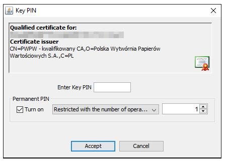 kwalifikowanego. Należy wpisać kod PIN i potwierdzić przyciskiem Accept : Rys. 10.