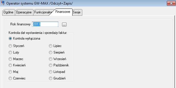 Zakładka Finansowe umożliwia określenie bieżącego okresu