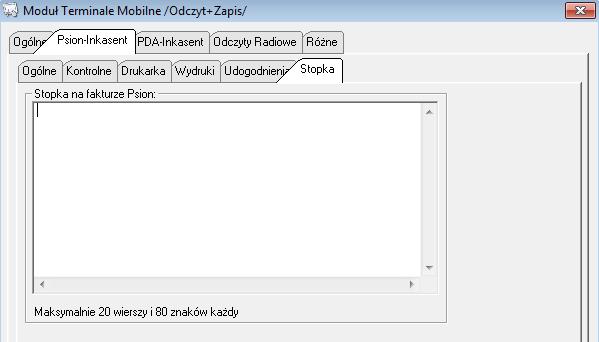 zadaniu na PSION-ie. Zakładka Stopka w tym miejscu można wprowadzić dodatkowy tekst, który będzie drukowany na fakturach z PSION-a.