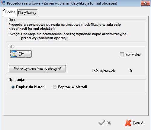 Zmień wybrane procedura umożliwia automatyczną modyfikację zawartości formuł rozliczeniowych w zakresie klasyfikatorów.