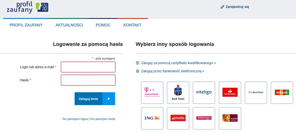 Podpis elektroniczny podpisywanie dokumentu Podpisywanie dokumentu poprzez profil zaufany - logowanie Logujemy się poprzez wpisanie w wyznaczone pola; loginu lub adresu e-mail