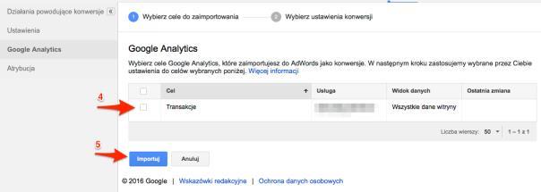 Aby zaimportować cel z Analytics klikamy po kolei: Narzędzia > Konwersje > Google Analytics: Na kolejnym ekranie