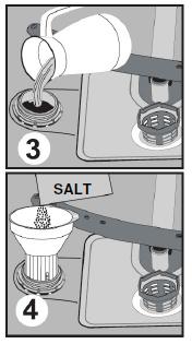 Dodać 1 kg specjalnej soli (przeznaczonej dla zmywarek) do dozownika soli i napełnić wodą do pełna. Nalać środka nabłyszczającego do dozownika w pojemniku detergentów.
