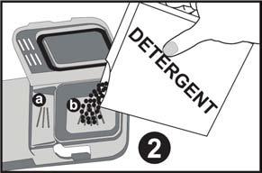Otworzyć opakowanie z detergentem do zmywarek i nasypać do większej przegrody (b) w ilości 25 cm 3 w przypadku mocno zabrudzonych naczyń lub 15 cm 3 w przypadku mniej zabrudzonych naczyń.