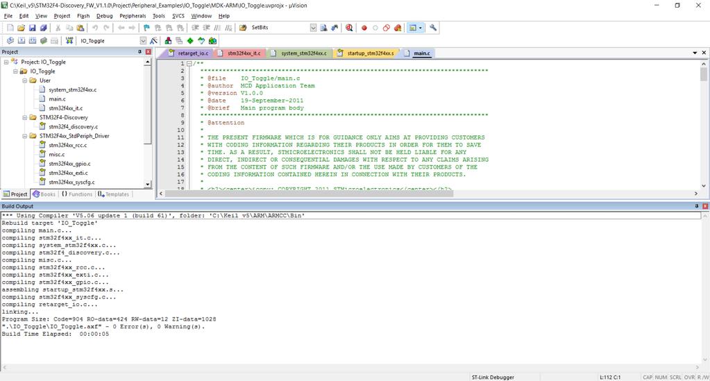 Rys. 4. Projekt w środowisku KEIL µvision IDE Sprawdź poprawność ustawień komunikacji debuggera ST-Link.