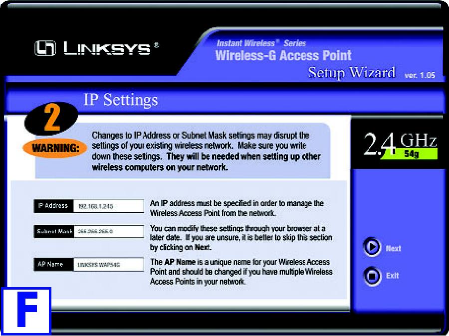 Pojawi się ekran IP Settings. Wprowadź adres IP oraz maskę podsieci odpowiednią dla Twojej sieci. Wpisz unikalną nazwę w polu AP Name. Kliknij przycisk Next. I. Kolejny ekran Security pokazuje klucz WEP.