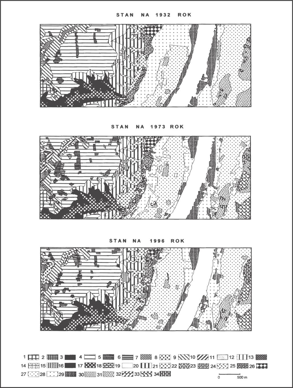 Ryc. 2. Mapy typów terenu w okolicach Topolna, stan w 1932 r., stan w 1973 r. i stan w 1996 r.
