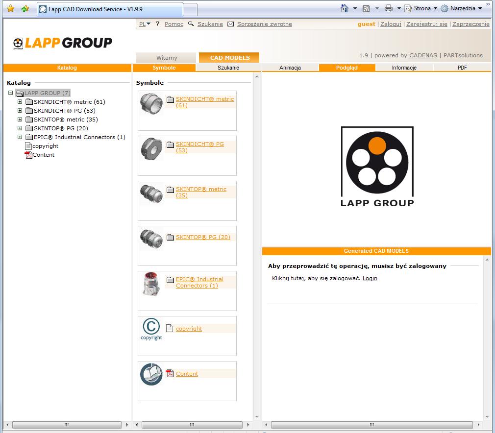 Instrukcja korzystania z serwisu LappKabel CAD 3D W przeglądarce internetowej wejdź na stronę http://lapp.partcommunity.