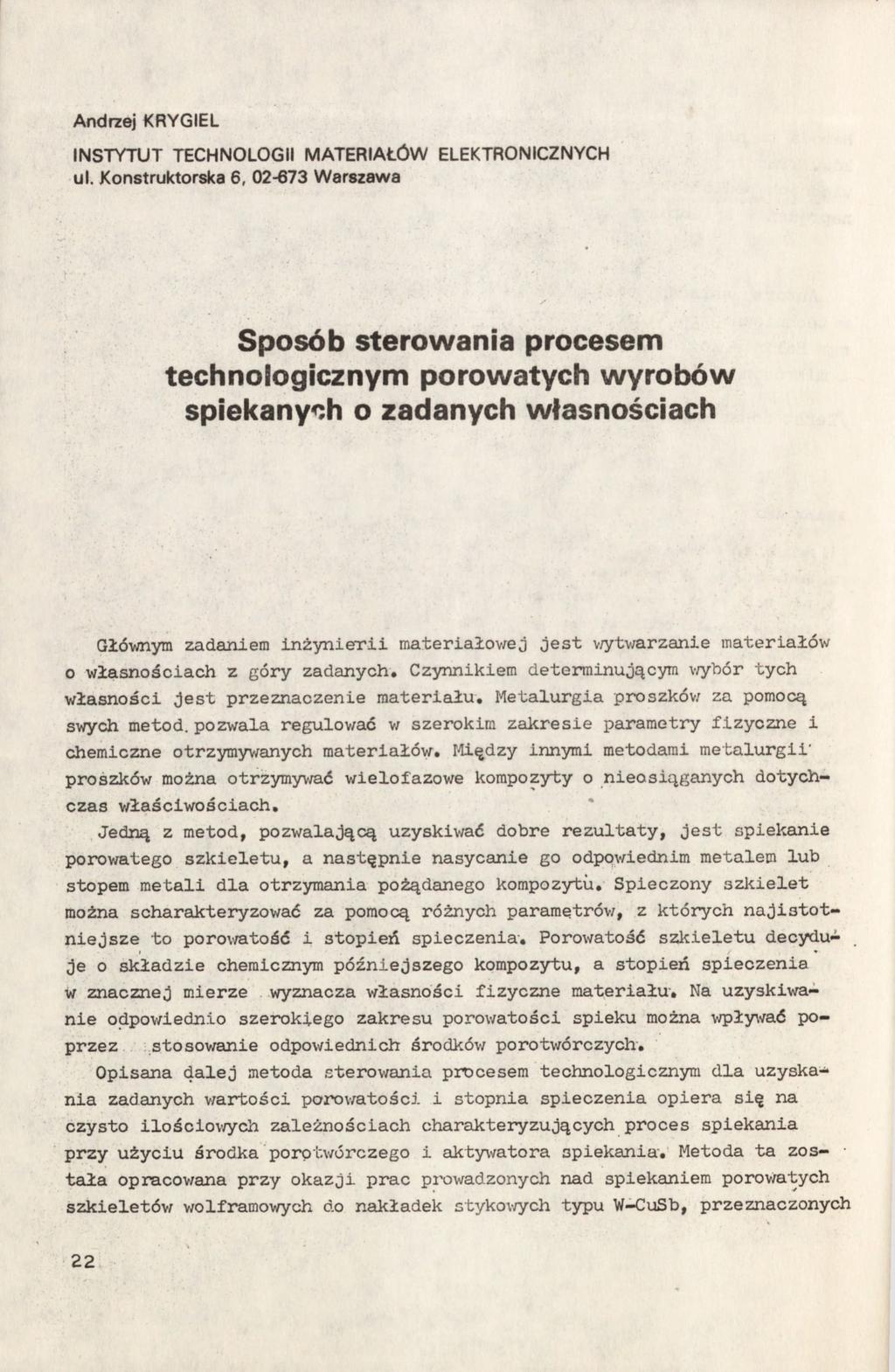 Andrzej KRYGIEL INSTYTUT TECHNOLOGII MATERIAŁÓW ELEKTRONICZNYCH ul.