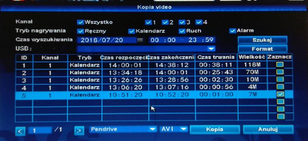 Podłącz pendrive do wolnego portu USB (czas na podłączenie wynosi 60 sekund). 4. Oś czasu Kliknij Dzień i Godzina, żeby przeglądać oś czasu wybranego kanału.