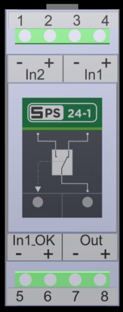 4.2. Moduł SPS 24-1 Przełącznik zasilań Przełącznik zasilań DC 24 dla systemu SEM, posiada na wyjściu Out zasilanie, pochodzące z wejścia In1, lub In2.