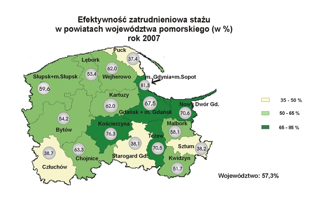 Najwyższy przeciętny koszt uzyskania zatrudnienia po stażu (najsłabsza efektywność ekonomiczna) 19 540 zł, przy dość wysokiej wśród powiatów efektywności zatrudnieniowej (70,6%), odnotowano w