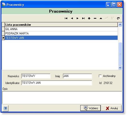 Przy dodawaniu nowego użytkownika należy przypisać mu nazwisko i imię z listy pracowników za pomocą przycisku <Osoba>. Oznacza to, iż użytkownik powinien być zdefiniowany jako pracownik.