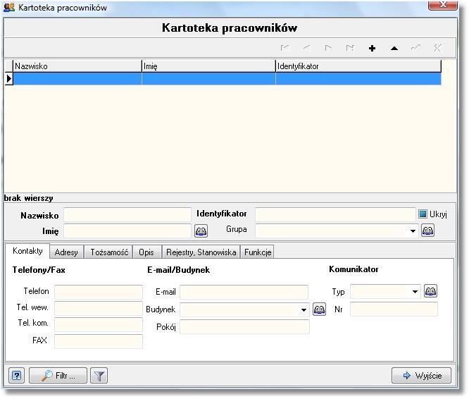 Kartoteka Pracownicy służy do przechowywania informacji o pracownikach firmy (jednocześnie użytkownikach programu). Definicja pracowników polega na podaniu ich nazwiska, imienia i identyfikatora.