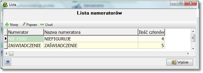 W celu wprowadzenia nowego numeratora wybieramy przycisk. Definicja numeratora składa się z części nagłówkowej oraz członów.